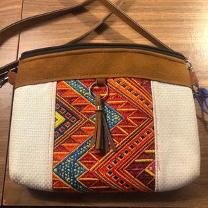 Boho Colorful Abstract Embroidered Purse W Tassel & Exterior Pocket